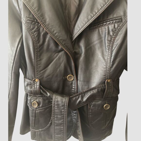 Cato Black Brown Belted Faux Leather Jacket Women's Small Button Lined Tie Belt - Picture 2 of 8